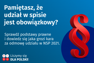 Po prawej stronie czerwony znak paragrafu, po lewej informacja o tym, że spis powszechny jest obowiązkowy a za odmowę udziału grozi kara