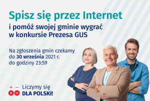 uśmiechnięci ludzie, napis "spisz się przez internet i pomóc swojej gminie wygrać"