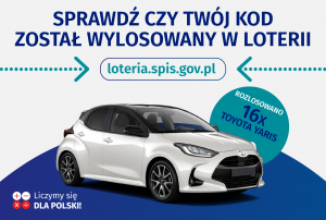 na grafice samochód Toyota Yaris, na górze napis "sprawdź czy Twój kod został wylosowany w loterii"