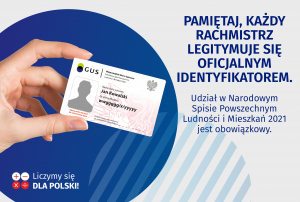 Dłoń trzymająca legitymację rachmistrza spisowego. Napis "pamiętaj, każdy rachmistrz legitymuje się oficjalnym identyfikatorem"